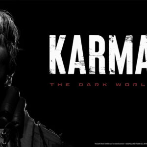 Premiera demo KARMA: The Dark World. Grafika z dużym białym tytułem gry na czarnym tle i połowa postaci głównego bohatera patrząca w górę