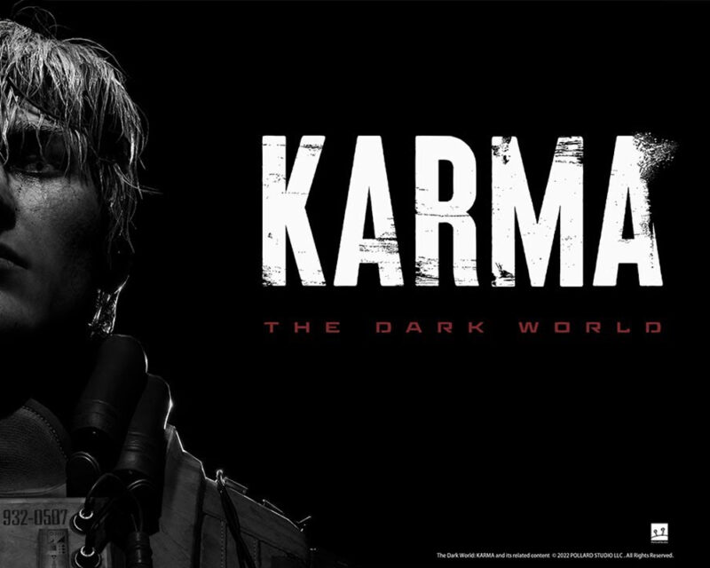 Premiera demo KARMA: The Dark World. Grafika z dużym białym tytułem gry na czarnym tle i połowa postaci głównego bohatera patrząca w górę