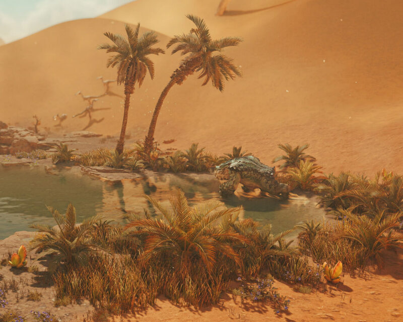 Krajobraz: Pustynia: Większość obrazu zajmuje piaszczysta pustynia, z widocznymi wydmami w tle. Piasek ma odcienie pomarańczowe i żółte, co sugeruje gorący klimat. Oaza: W centrum obrazu znajduje się małe oczko wodne, tworzące oazę. Woda jest lekko zielonkawa, co może wskazywać na obecność glonów lub minerałów. Roślinność: Wokół oazy rosną palmy i inne pustynne rośliny, takie jak kępy trawy i sukulenty. Rośliny są w różnych odcieniach zieleni i brązu, co dodaje obrazowi naturalnego charakteru. Stworzenie: W wodzie oazy zanurzony jest duży, przypominający krokodyla potwór. Jego skóra jest szara i pokryta łuskami. Widoczny jest fragment jego grzbietu i głowy. Potwór wydaje się być częściowo zanurzony w wodzie, co sugeruje, że oaza jest jego naturalnym środowiskiem. Inne elementy: W oddali, na szczycie wydmy, widać uschnięte drzewo lub krzew. Niebo jest jasne, z lekkimi chmurami, co sugeruje słoneczny dzień. Całość obrazu utrzymana jest w ciepłej, pustynnej kolorystyce.