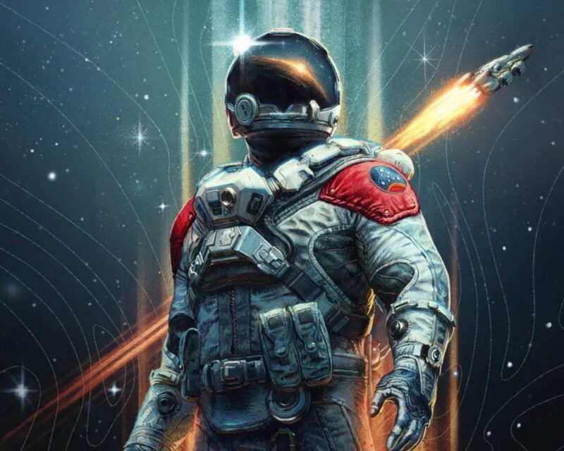 Obrazek przedstawia astronautę w skafandrze kosmicznym, stojącego na tle gwiaździstego nieba. Jego hełm odbija światło, a na ramieniu widnieje naszywka z kosmicznym symbolem. Za nim widać startującą rakietę, pozostawiającą po sobie świetlisty ślad.