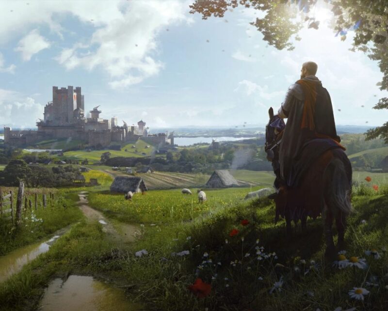 Rycerz na koniu stoi na wzgórzu, spoglądając w stronę majestatycznego zamku w oddali. Wokół niego rozciąga się malownicza wieś z zielonymi łąkami, kamiennymi chatami i pasącymi się owcami.
