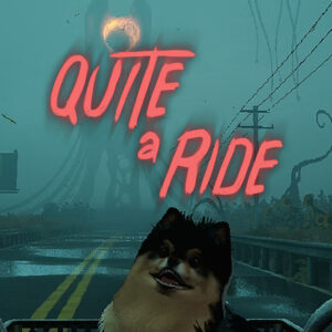 Zapowiedź Quite a Ride - na grafice logo gry oraz główny bohater przemierzający na rowerze mgliste tereny. W koszyku roweru piesek a w oddali czające się potwory.