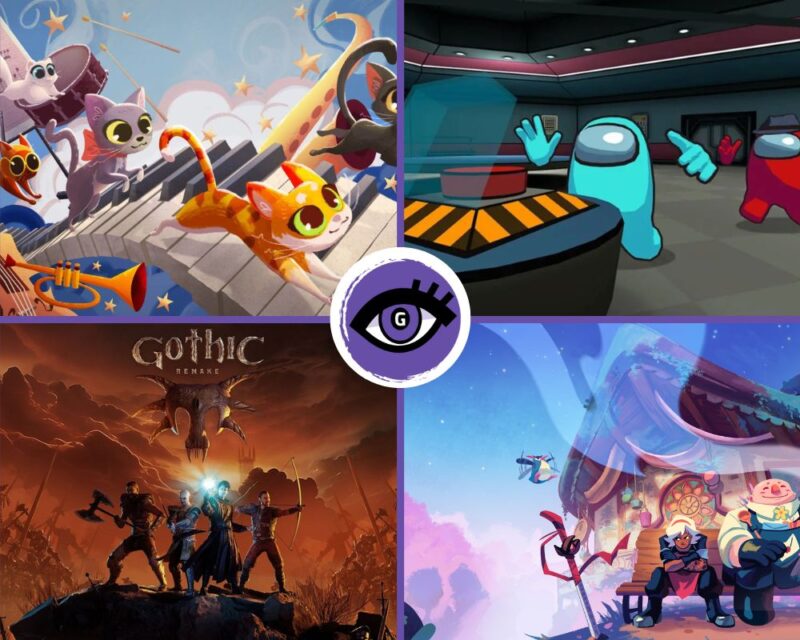 Na obrazku znajdują się cztery grafiki przedstawiające różne gry, prawdopodobnie związane z Steam Next Fest w lutym 2025 roku. Lewy górny róg – Ilustracja przedstawia urocze, animowane koty biegające po klawiaturze fortepianu w bajkowym otoczeniu z gwiazdami i instrumentami muzycznymi. Styl artystyczny sugeruje kolorową i radosną grę przygodową lub rytmiczną. Prawy górny róg – Scena z gry Among Us, ukazująca dwie postacie w kombinezonach (cyjan i czerwony) w futurystycznym wnętrzu statku kosmicznego. Cyjanowy członek załogi wydaje się wskazywać na czerwonego, jakby oskarżając go podczas narady. Lewy dolny róg – Grafika promująca Gothic Remake, ukazująca postacie uzbrojone w miecze, topory i łuki stojące na tle mrocznej, pomarańczowej poświaty z symbolem rogu. To remake kultowego RPG osadzonego w brutalnym świecie kolonii karnej. Prawy dolny róg – Kolorowa, ręcznie rysowana scena przedstawiająca postacie odpoczywające przed drewnianym domkiem w fantastycznym otoczeniu. Postaci są zróżnicowane i mają unikalne stroje, sugerujące grę RPG lub przygodową z elementami strategii. W centrum znajduje się fioletowe logo z okiem, czyli logo Grajmerek