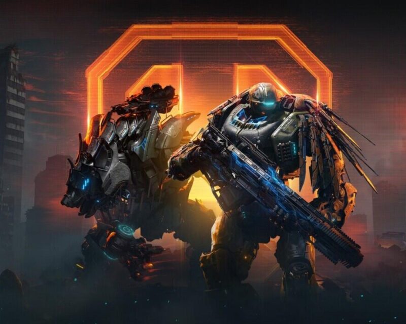 Na ilustracji widać dynamiczną scenę z gry *Steel Hunters*, przedstawiającą potężnego humanoidalnego mecha uzbrojonego w ciężką broń oraz masywnego mechanicznego drapieżnika. Tło ukazuje futurystyczne ruiny miasta z charakterystycznym, świecącym pomarańczowym symbolem.