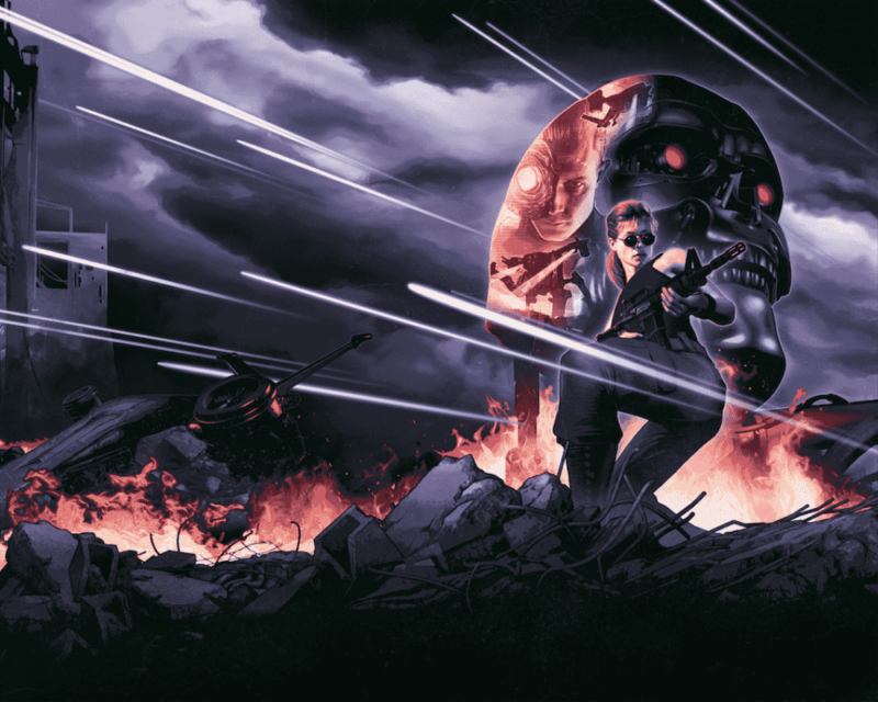 **Grafika promocyjna gry „Terminator 2D: No Fate”** przedstawia postapokaliptyczną scenę walki ludzi z maszynami. W centrum uzbrojona kobieta w czerni trzyma karabin, a za nią widnieje ogromna, metaliczna czaszka terminatora z czerwonymi oczami. W tle odbija się twarz innej kobiety i sylwetki maszyn bojowych. Na pierwszym planie płoną ruiny, a niebo przecinają smugi laserowego ostrzału, podkreślając intensywny klimat wojny.