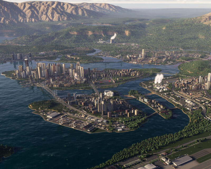 Na tym obrazku widzimy imponujący, panoramiczny widok na rozległe miasto położone nad wodą, otoczone bujnymi, zielonymi wzgórzami. Miasto jest gęsto zabudowane, z licznymi drapaczami chmur w centrum, sugerującymi metropolię o dużej gęstości zaludnienia. Elementy dominujące: Miasto: Centralnym punktem jest rozległe miasto, podzielone na kilka części przez liczne rzeki lub kanały. Widoczne są różnorodne budynki, od wysokich wieżowców po mniejsze, bardziej rozproszone zabudowania. Woda: Rozległe obszary wodne, prawdopodobnie rzeki lub zatoki, otaczają i przecinają miasto. Woda ma ciemnoniebieski kolor, co sugeruje głębokość i czystość. Wzgórza: W tle wznoszą się wzgórza, pokryte gęstą, zieloną roślinnością. Wzgórza te otaczają miasto, tworząc naturalną barierę. Infrastruktura: Widoczne są liczne mosty, łączące różne części miasta. Sugeruje to dobrze rozwiniętą infrastrukturę komunikacyjną. Dym: Z dwóch miejsc w mieście unosi się biały dym, prawdopodobnie z kominów fabryk lub elektrowni. Perspektywa i kompozycja: Lotnicza perspektywa: Obraz został wykonany z lotu ptaka, co pozwala na objęcie wzrokiem rozległego obszaru i ukazanie miasta w pełnej krasie. Centralna kompozycja: Miasto znajduje się w centrum kadru, co podkreśla jego znaczenie jako głównego tematu obrazu. Głębia ostrości: Obraz charakteryzuje się dużą głębią ostrości, co sprawia, że zarówno bliskie, jak i odległe plany są wyraźne. Atmosfera i wrażenia: Spokój i harmonia: Mimo że miasto jest duże i gęsto zabudowane, obraz emanuje spokojem i harmonią. Zieleń wzgórz i błękit wody łagodzą surowość miejskiej zabudowy. Wielkość i rozmach: Obraz ukazuje ogrom i rozmach miasta, sugerując jego znaczenie jako centrum gospodarcze i kulturalne. Realizm: Obraz jest wykonany w realistycznym stylu, z dbałością o szczegóły.