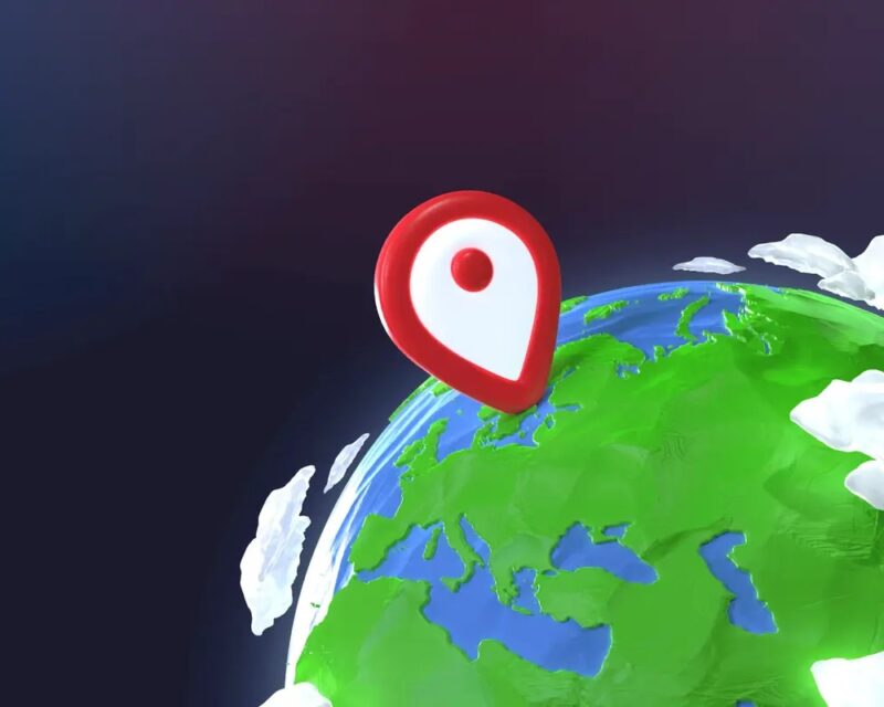 GeoGuessr port na Steam, kula ziemska na fioletowym tle po prawej stronie od rogu, nad nią chmurki i znacznik miejsca, gdzie się znajdujemy