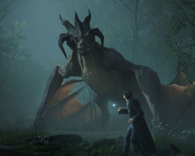Postacie i stworzenia: Smok: W centrum obrazu znajduje się ogromny, groźnie wyglądający smok. Ma ciemną, łuskowatą skórę, ostre rogi i błoniaste skrzydła. Jego postawa sugeruje, że jest gotowy do ataku lub jest w stanie konfrontacji. Człowiek/czarodziej: Na pierwszym planie, po prawej stronie, stoi człowiek, prawdopodobnie czarodziej. Jest odwrócony tyłem do widza, ale widzimy, że trzyma w ręku różdżkę, która jest podświetlona, co sugeruje, że rzuca zaklęcie lub jest gotowy do walki. Ubrany jest w ciemny płaszcz. Otoczenie: Las: Scena rozgrywa się w gęstym, mrocznym lesie. Drzewa są wysokie i pokryte mchem, co nadaje scenie tajemniczy i niebezpieczny klimat. Mgła: Gęsta mgła spowija las, co dodaje scenie dramatyzmu i potęguje uczucie niepewności. Oświetlenie i kolorystyka: Przytłumione kolory: Obraz ma przytłumioną, ciemną kolorystykę, z dominującymi odcieniami szarości, zieleni i brązu. To podkreśla mroczny i niebezpieczny charakter sceny. Źródło światła: Jedynym wyraźnym źródłem światła jest różdżka trzymana przez czarodzieja. Jej blask oświetla nieco postać i otoczenie, tworząc kontrast z ciemnością lasu. Ogólne wrażenie: Obrazek tworzy atmosferę napięcia i zagrożenia. Sugeruje, że czarodziej jest w niebezpieczeństwie i musi stawić czoła potężnemu smokowi. Scena jest dynamiczna i pełna akcji, co sugeruje, że zaraz rozpocznie się walka.