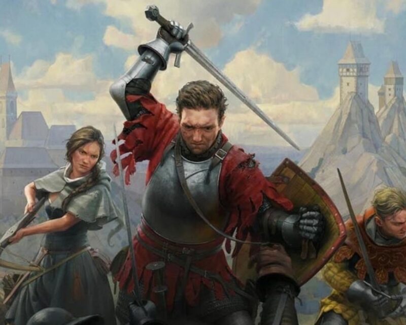 Na ilustracji widzimy dynamiczną scenę bitewną z gry Kingdom Come: Deliverance II, która przedstawia grupę wojowników w średniowiecznych zbrojach. Centralną postacią jest rycerz w stalowej zbroi i czerwonym, poszarpanym płaszczu, który unosi miecz w bojowej pozie. Obok niego stoi kobieta uzbrojona w kuszę oraz kolejny rycerz w złocistym pancerzu. W tle widać zamki na skalistych wzgórzach, co dodaje epickiego klimatu średniowiecznej Europy.