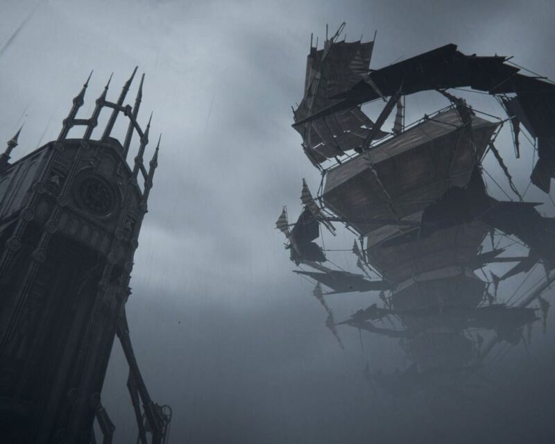 grafika przedstawia dwa budynki na zamglonym tle, po lewej wysoka katedra ze szpiczastym dachem, po prawej nietypowy, rozpadający się budynek przypominający tornado, pathologic 3 prolog za darmo