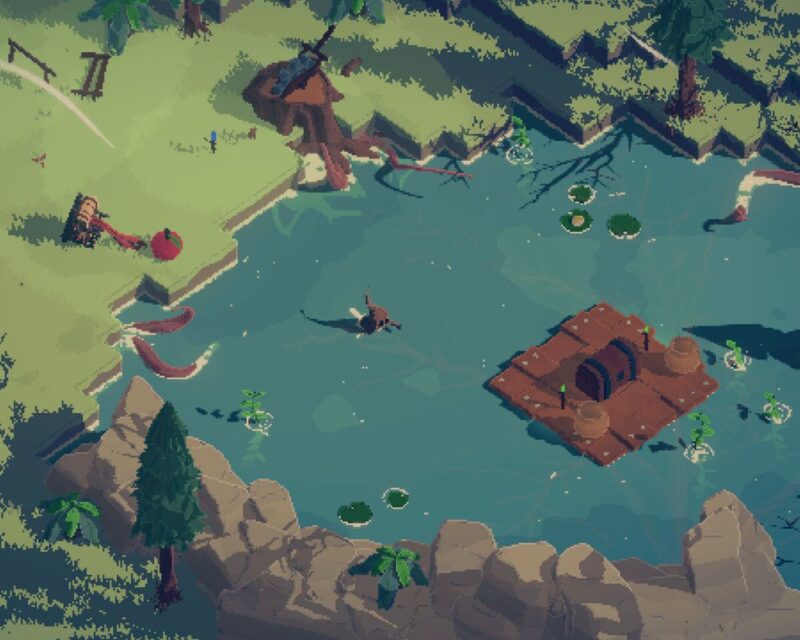 grafika promująca grę Rootbound, przedstawia pikselowy świat gry, po lewej widzimy zieloną równinę, na środku zaś wodę z drewnianą platformą w centrum, po prawej natomiast góry. Mały ludzik pływa w wodzie, a na brzegu plecak wyciąga długi język po jakiś przemiot, Rootbound zapowiedź