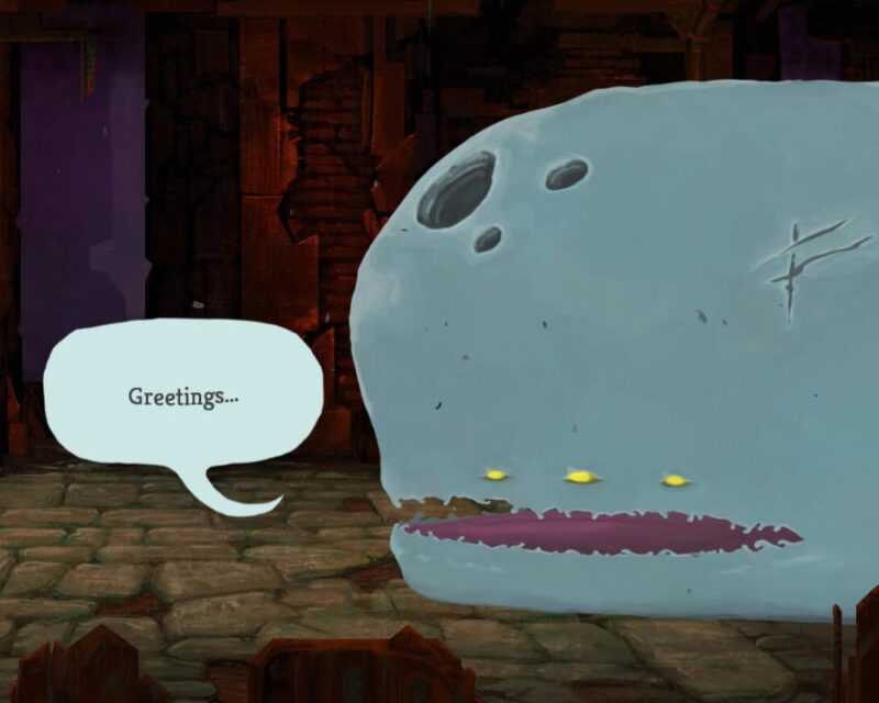 grafika z gry Slay the Spire, przedstawia dużą istotę przypominającą wieloryba, ma szeroką półotwartą buzię, trzy żółte oczy tuż nad buzią, a na górze ciała ma trzy dziury, po lewej od postaci widzimy biały dymek dialogowy, a w jego środku napis „Greetings…”, Slay the Spire poradnik dla początkujących