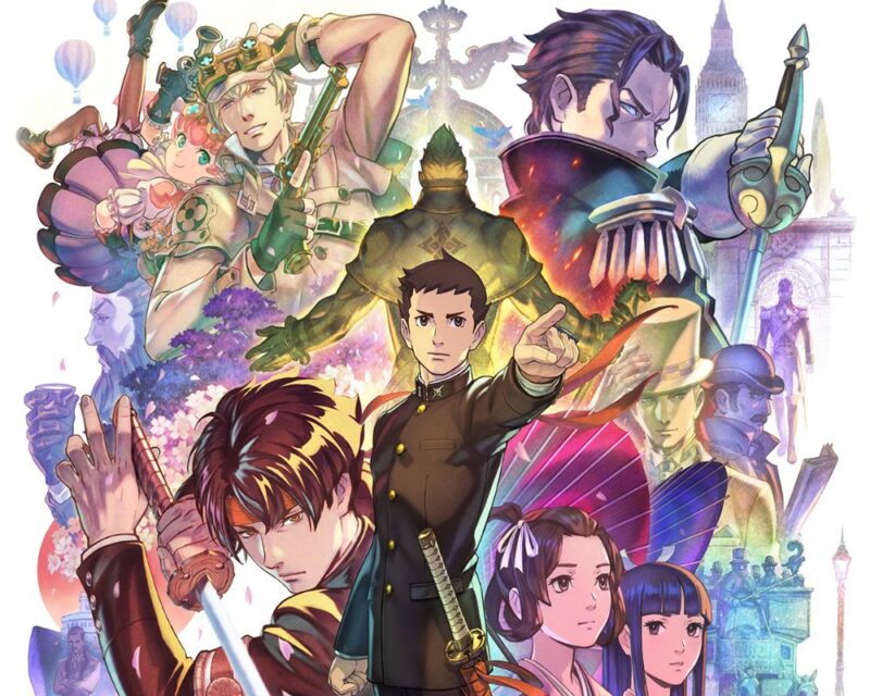 grafika promująca dylogię The Great Ace Attorney Chronicles, przedstawia większość postaci spotykanych podczas rozgrywki, na pierwszym planie widzimy głównego bohatera, mężczyznę w czarnym stroju studenta i z ciemnymi krótkimi włosami, wyciąga przed siebie lewą rękę z wyciągniętym palcem wskazującym, u pasa z lewej stronie ma bogato zdobioną katanę