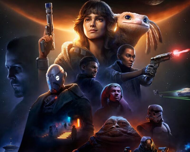 Na obrazku widać kilka postaci – część z nich trzyma broń, jedna ma zwierzątko na ramieniu. W tle widać planetę, statki kosmiczne i ciemne niebo.