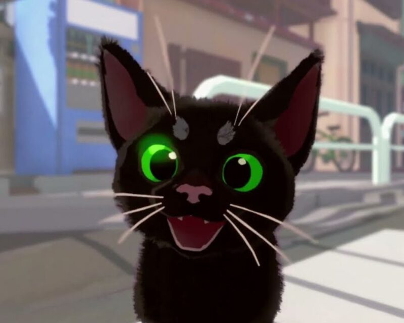 Obrazek przedstawia czarnego, rysunkowego kota z dużymi, zielonymi oczami i różowym noskiem. Kot ma otwarty pyszczek. Tło to rozmyta ulica z automatem i budynkami.
