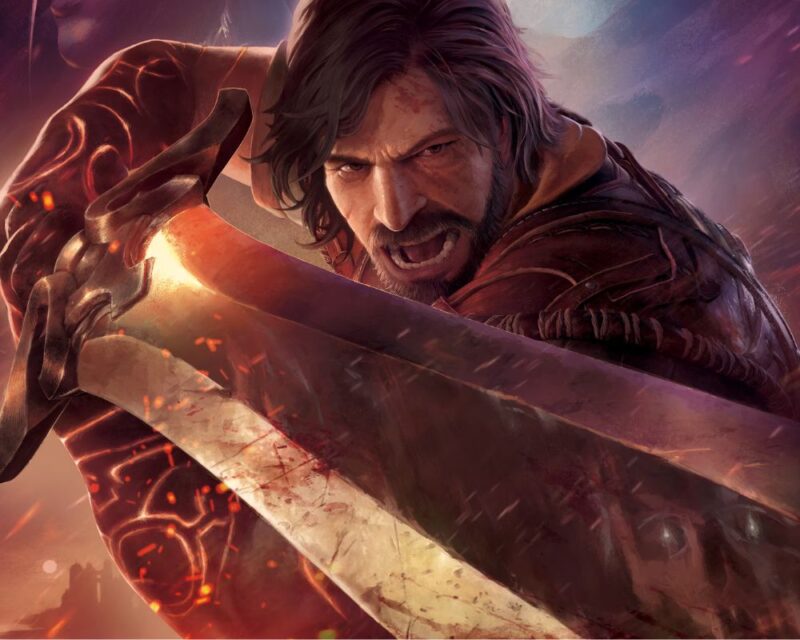 Na obrazku widać wojownika z długimi włosami i brodą, który trzyma duży miecz. Ma zaciętą minę, a jego strój przypomina skórzaną zbroję. W tle widać ciepłe kolory i iskry, co sugeruje scenę walki.