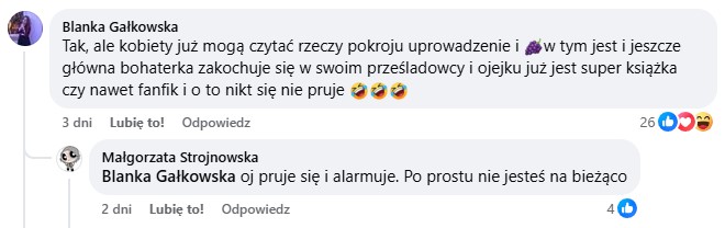 Tekst: Tak, ale kobiety już mogą czytać rzeczy pokroju uprowadzenie i 🍇w tym jest i jeszcze główna bohaterka zakochuje się w swoim prześladowcy i ojejku już jest super książka czy nawet fanfik i o to nikt się nie pruje