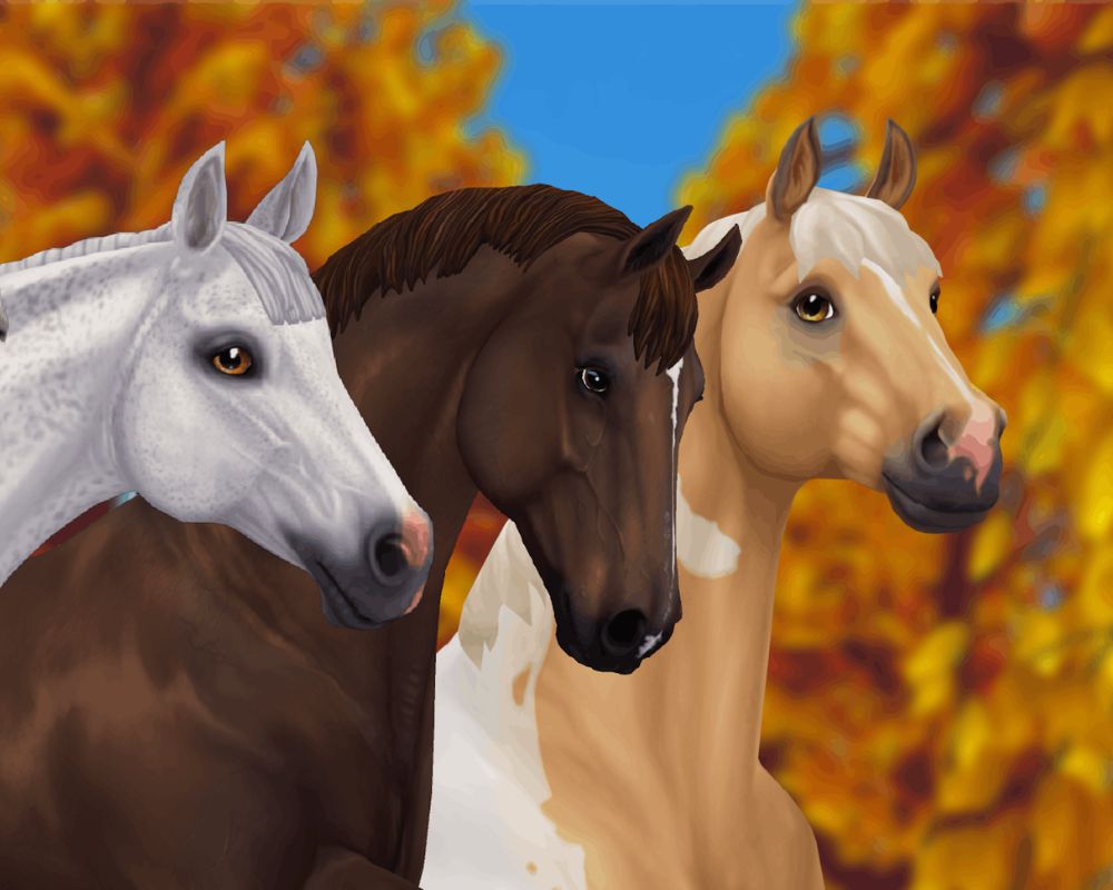 Trzy konie o różnych umaszczeniach stoją obok siebie na tle jesiennych drzew o pomarańczowych liściach. Zwierzęta mają realistyczny, lekko stylizowany wygląd i patrzą w stronę obserwatora, prezentując różnorodne kolory sierści i grzyw.