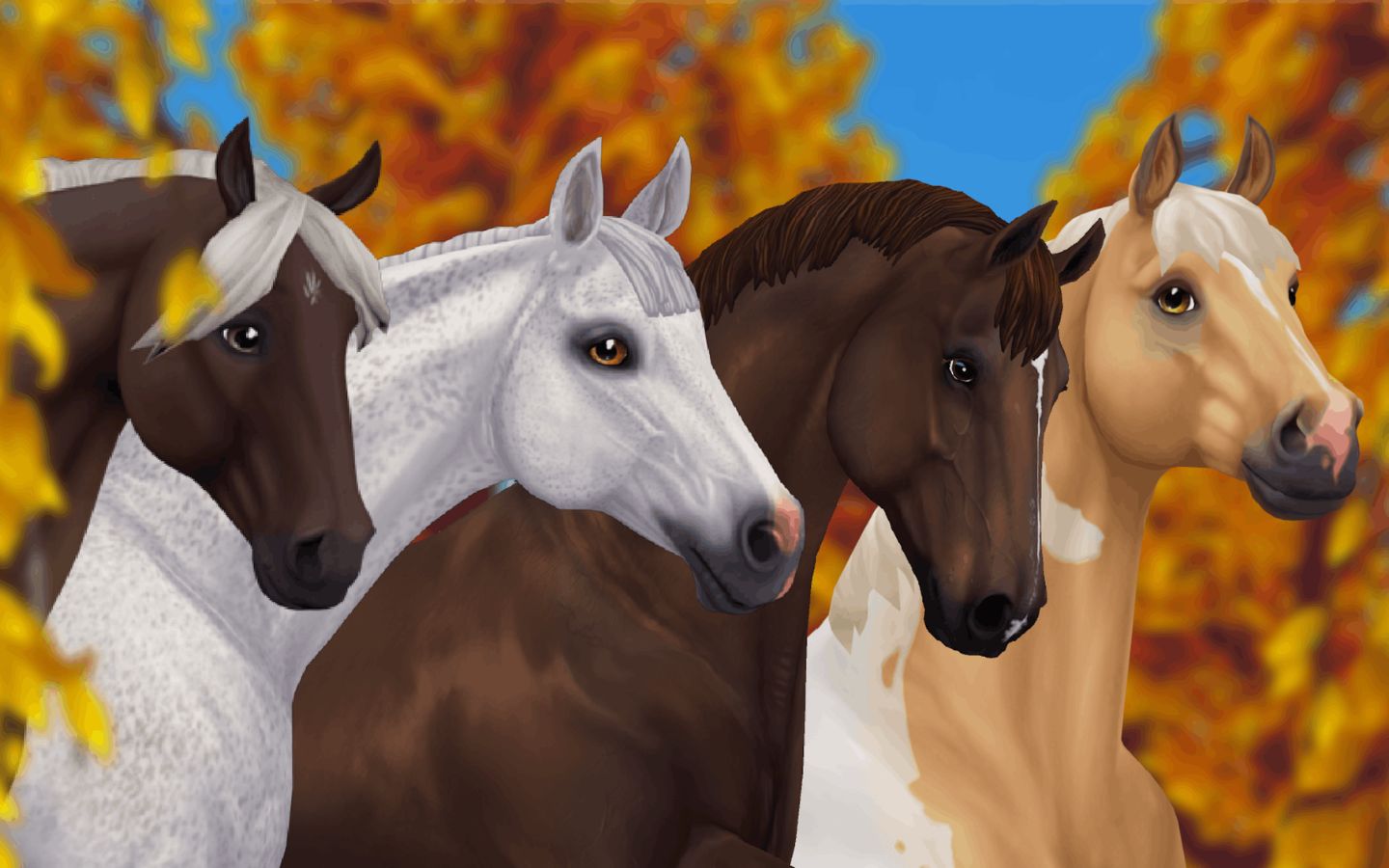 Cztery konie o różnych umaszczeniach stoją obok siebie na tle jesiennych drzew o pomarańczowych liściach. Zwierzęta mają realistyczny, lekko stylizowany wygląd i patrzą w stronę obserwatora, prezentując różnorodne kolory sierści i grzyw.