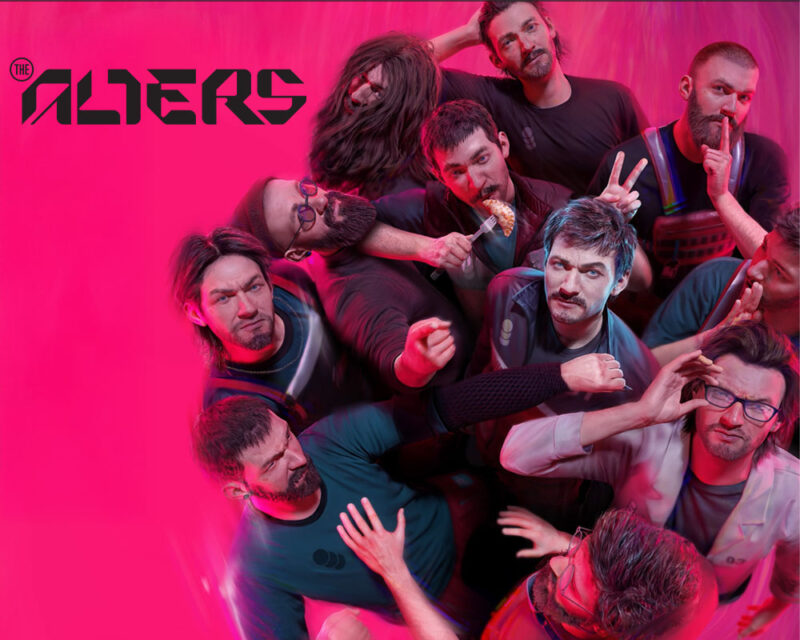 The Alters data premiery - grafika z logo "The Alters" na różowym tle i grupa altersów kolejno od góry: Bardzo zarośnięty i owłosiony; Z wąsem przeczesujący włosy; Ścięty na jeża, z brodą, który trzyma palec na ustach; Hipster w lenonkach i czapce; Jedzący pieroga i robiący rogi innemu; Z dłuższymi włosami i zmarszczonymi brwiami; "Główny" z wąsem, Szepczący; Grożący innemu z brodą; Poprawiający okulary; Z okularami i brodą, uspokajający grożącego.