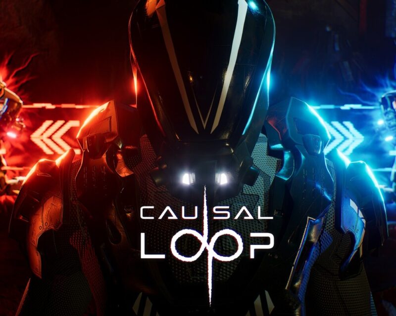 Na grafice promocyjnej widzimy futurystycznego żołnierza w masywnej, czarnej zbroi z podświetlonym hełmem, stojącego na tle kontrastującego światła w barwach czerwieni i niebieskiego. W centrum znajduje się tytuł gry – Causal Loop, zapisany stylizowaną czcionką, sugerującą tematykę sci-fi i pętlę czasową.