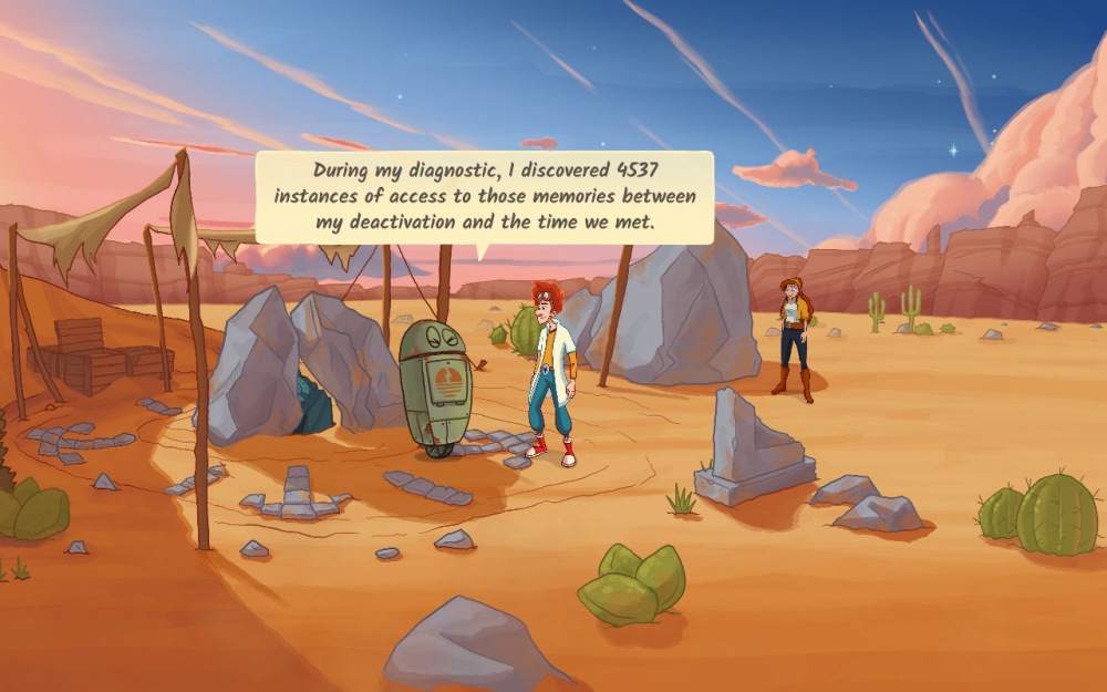 Scena z gry "Elroy and the Aliens". Elroy rozmawia z małym, zielonkawym robotem na tle pustynnego krajobrazu pełnego skał, kaktusów i pomarańczowych gór. Robot informuje Elroya o odkryciu 4537 prób dostępu do jego wspomnień między dezaktywacją a ponownym spotkaniem. W oddali Peggie stoi przy skalnej formacji, obserwując rozmowę. Na niebie widać smugi po przelatujących statkach lub meteorytach, podkreślające kosmiczny klimat gry.