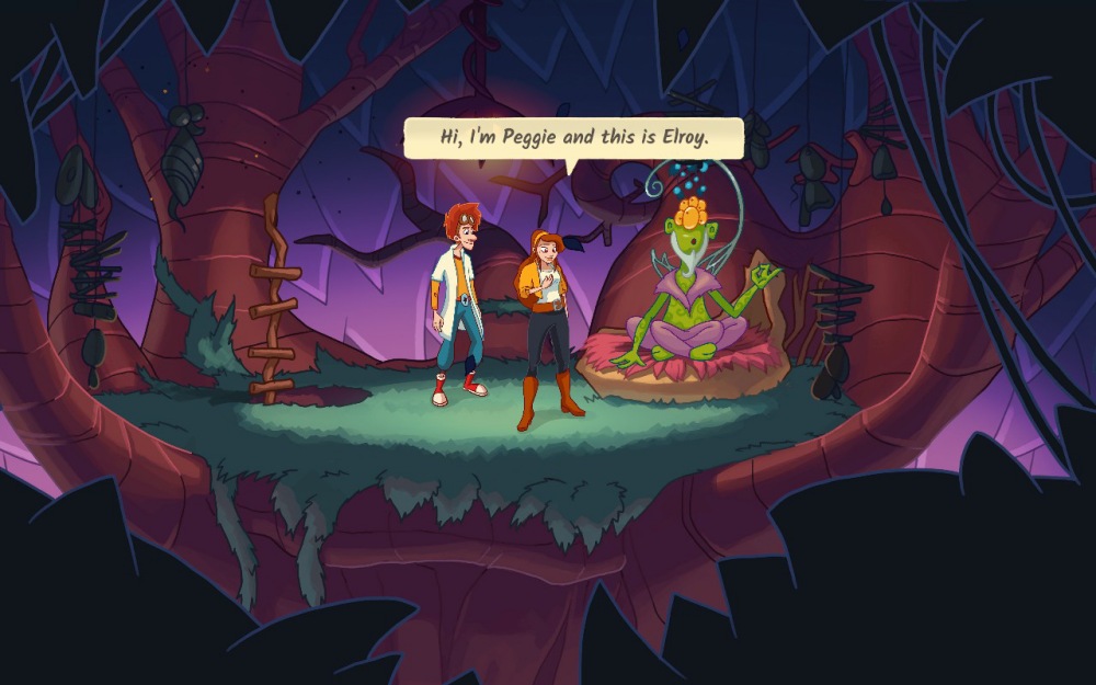 Kadr z gry "Elroy and the Aliens". Peggie i Elroy stoją na zielonej platformie przypominającej wnętrze drzewa i przedstawiają się kosmicznej istocie. Peggie, z rudymi włosami i szerokim uśmiechem, wskazuje na siebie i Elroya. Obok nich siedzi na gnieździe uroczy, zielony kosmita z kwiatem na głowie, ubrany w fioletowy strój. W tle widać organiczne ściany, zwisające rośliny i spiralne schody wyrosłe z pnia.