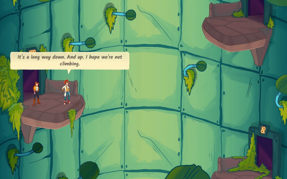 Fragment gry "Elroy and the Aliens". Elroy i Peggie stoją na kamiennej platformie zawieszonej wysoko wewnątrz ogromnej, zielonkawej konstrukcji przypominającej ścianę budynku porośniętą roślinnością. W oddali widać kolejne platformy i porozrzucane liściaste pnącza. Elroy patrzy w dół i komentuje: „It's a long way down. And up. I hope we're not climbing.”, wyrażając swoje obawy przed wspinaczką.