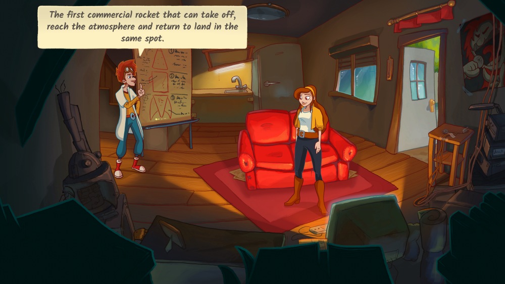 Fragment gry "Elroy and the Aliens". Elroy entuzjastycznie tłumaczy Peggie projekt pierwszej komercyjnej rakiety, która może wystartować, dotrzeć do atmosfery i wylądować w tym samym miejscu. Stoi obok planszy pełnej szkiców technicznych. Peggie uśmiecha się i słucha, stojąc przy czerwonej kanapie w skromnym, przytulnym wnętrzu. W tle widać kuchnię, otwarte drzwi oraz stare urządzenia rozstawione w pokoju.