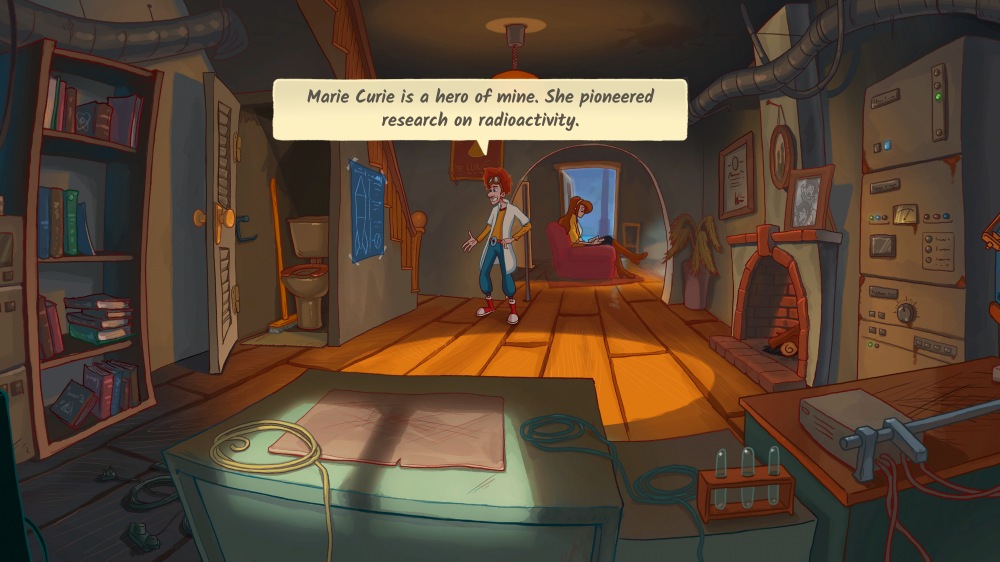 Elroy stoi w swoim domowym laboratorium i opowiada o swojej fascynacji Marią Skłodowską-Curie, pionierką badań nad radioaktywnością. W pomieszczeniu widać półki pełne książek, tablicę z planami, stare urządzenia naukowe oraz kominek. W głębi Peggie siedzi na czerwonym fotelu przy świetle dziennym, zatopiona w lekturze. Atmosfera wnętrza jest przytulna, ale pełna naukowych akcentów.