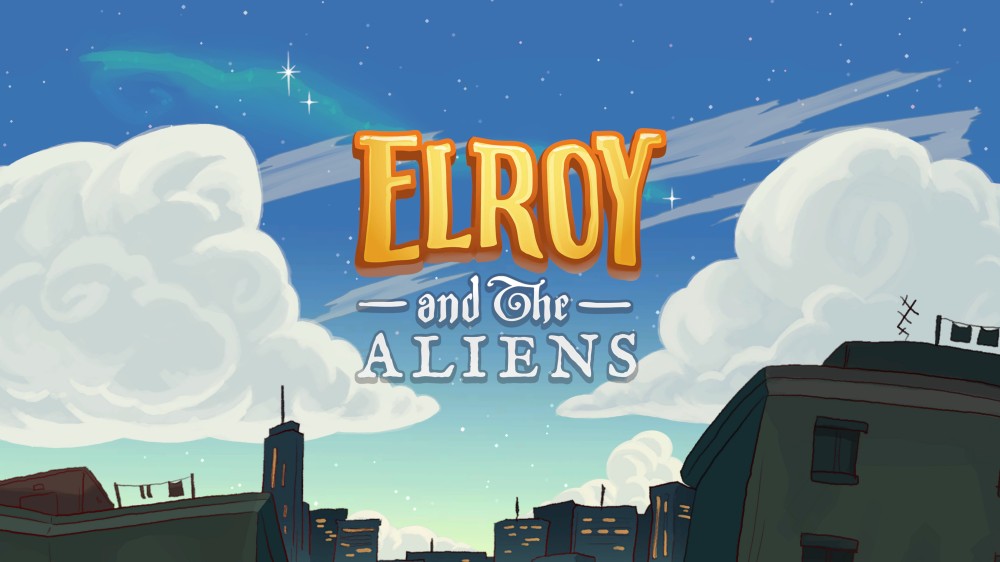Ekran tytułowy gry "Elroy and the Aliens". Na tle nocnego nieba pełnego gwiazd i przelatujących komet widnieje duży, stylizowany napis "Elroy and the Aliens" w złoto-białych literach. Poniżej widać sylwetki miejskich budynków, dachy z antenami i suszącym się praniem, co nadaje scenerii nostalgicznego charakteru.