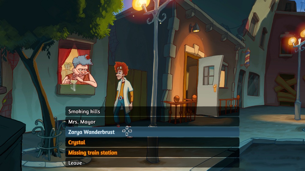 Elroy prowadzi rozmowę ze starszą kobietą wyglądającą przez okno niewielkiego domu w wąskiej uliczce. Obok Elroya widoczna jest lista tematów rozmowy, takich jak „Smoking kills”, „Zarya Wanderbrust” czy „Missing train station”. Tło tworzą krzywe budynki oświetlone ciepłym światłem latarni, a atmosfera jest lekko tajemnicza i humorystyczna.