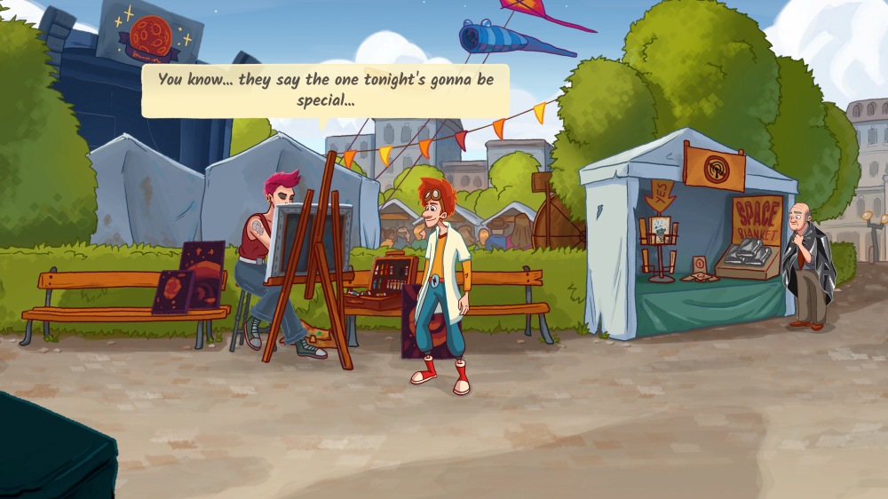 Elroy rozmawia z artystką malującą obraz na sztalugach podczas festynu na świeżym powietrzu. Nad nimi powiewają kolorowe girlandy, a w tle rozstawiono namioty wystawowe, w tym stoisko z napisem "Space Blanket". W oddali widać starszego mężczyznę ubranego w ciemny płaszcz, który obserwuje wydarzenia. Elroy zamyślony mówi: „You know... they say the one tonight's gonna be special...”, zapowiadając coś niezwykłego.