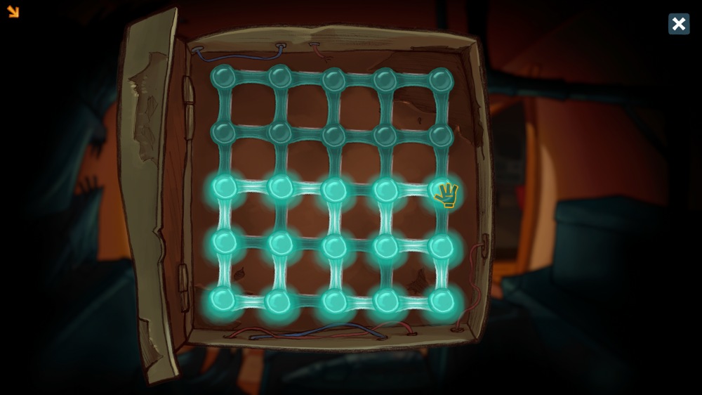 Łamigłówka z gry "Elroy and the Aliens". Na ekranie widać drewniane pudełko wypełnione świetlistą siatką połączonych punktów, tworzących prostokątną siatkę 5x4. Gracz manipuluje połączeniami, aby rozwiązać zagadkę świetlnych ścieżek. Na jednym z punktów widoczna jest żółta ikona dłoni, wskazująca aktywne miejsce interakcji. Tło pozostaje przyciemnione, koncentrując uwagę na łamigłówce.