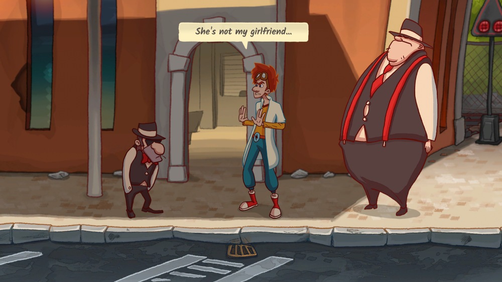 Elroy, z wyraźnym zakłopotaniem, tłumaczy się dwóm podejrzanie wyglądającym mężczyznom na ulicy, mówiąc: „She's not my girlfriend...”. Po lewej stronie stoi niski, nieufnie patrzący gangster w kapeluszu, a po prawej ogromny, postawny mężczyzna z groźnym wyrazem twarzy. Tło tworzą pomarańczowe i brązowe budynki oraz pusty chodnik przy jezdni.