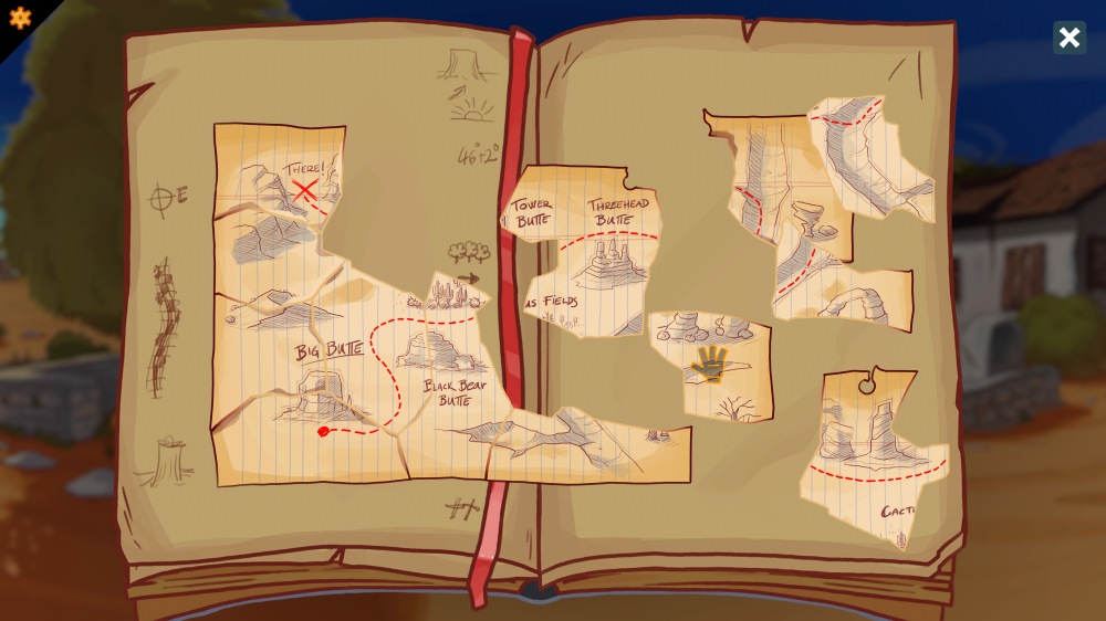 Fragment gry "Elroy and the Aliens". Otwarta księga przedstawia ręcznie rysowaną mapę podzieloną na kilka fragmentów przypominających skrawki papieru. Widać na niej oznaczenia górskich formacji, szlaków i punktów orientacyjnych, takich jak Big Butte, Tower Butte czy Black Bear Butte. Czerwone linie wyznaczają ścieżki, a przy jednym z miejsc zaznaczono czerwony krzyż z napisem „There!”. W tle niewyraźnie zarysowuje się opuszczone podwórze z kamiennym murkiem i budynkiem.