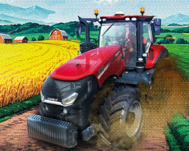 Na obrazku widzimy traktor rolniczy, prawdopodobnie w trakcie pracy na polu. Traktor jest czerwony z czarnymi elementami i ma duże, masywne koła. W kabinie siedzi osoba, która go prowadzi. Tło obrazka przedstawia sielski krajobraz wiejski. Widzimy pola uprawne w kolorze żółtym, sugerujące dojrzałe zboże lub rzepak. W oddali znajdują się budynki gospodarcze, prawdopodobnie stodoły, w tradycyjnym czerwonym kolorze z białymi akcentami. Niebo jest jasne, z delikatnymi obłokami, a w tle widać wzgórza lub las. Całość jest w pikselowej stylistyce.