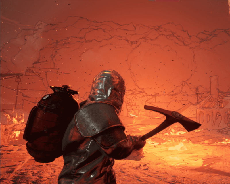 Na obrazku z gry Into the Fire widzimy postać ubraną w błyszczący, ochronny kombinezon strażacki, trzymającą w dłoniach topór ratowniczy. Na plecach niesie duży zbiornik – prawdopodobnie z tlenem lub środkiem gaśniczym. Cała scena tonie w intensywnym, pomarańczowo-czerwonym świetle, sugerującym pożar lub eksplozję. Tło to połączenie realistycznej grafiki z rysunkowym konturem zniszczonych budynków i płonącego miasta, co tworzy wyjątkowy, stylizowany kontrast między zagrożeniem a artystyczną wizją katastrofy.