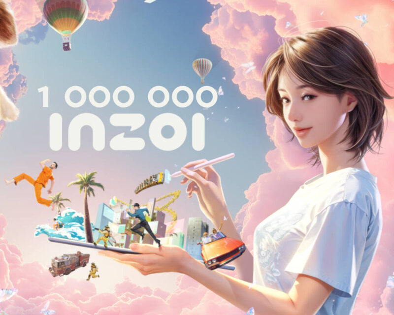 Na obrazku widzimy młodą kobietę o jasnej karnacji i brązowych włosach, która trzyma w dłoniach małą, prostokątną platformę. Na platformie znajdują się miniaturowe postacie ludzkie, pojazdy oraz rośliny, sugerujące miejski krajobraz. Kobieta zdaje się malować lub tworzyć ten miniaturowy świat za pomocą pędzla, który trzyma w prawej dłoni. W tle obrazu, za kobietą, rozciąga się niebo o pastelowych barwach, z przewagą odcieni różu i błękitu. Na niebie unoszą się balony na ogrzane powietrze, co dodaje scenerii elementu fantazji i surrealizmu. W lewym górnym rogu obrazu widnieje napis "1 000 000", a poniżej niego znajduje się słowo "INZOI". Oba te elementy są napisane białą czcionką na rozmytym tle. Całość obrazu utrzymana jest w jasnej, pastelowej kolorystyce, co nadaje mu lekki, marzycielski charakter. Scena wydaje się być wyjęta z bajki lub snu, a postać kobiety pełni rolę kreatorki tego magicznego świata.