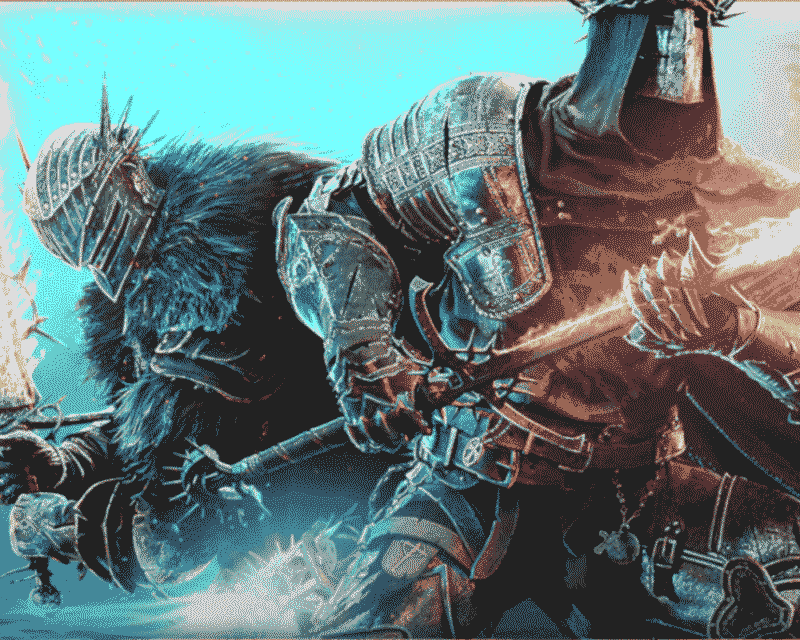 Dwóch wojowników w zbrojach trzyma broń i stoi w gotowości do walki. Tło rozświetlają niebieskie i pomarańczowe efekty świetlne. Grafika pochodzi z gry Lords of the Fallen.