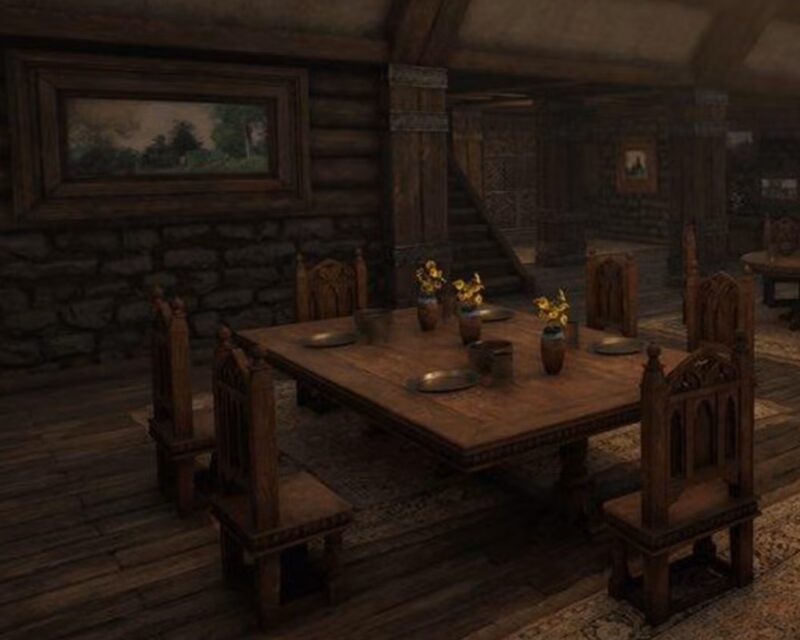 The Elder Scrolls IV: Oblivion Remastered data premiery, na obrazku screen z gry, wyciek, przedstawiający jadalnie, ciemne kolory, domek z drewna, drewniane meble, obraz na ścianie