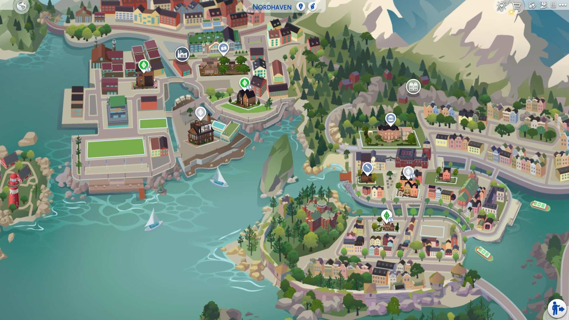 Zrzut ekranu z gry The Sims 4: Dochodowe hobby. Widnieje na nim nowe otoczenie z dodatku Dochodowe Hobby: Nordhaven. Widok z lotu ptaka ukazuje nordyckie nadmorskie miasteczko. Lewa górna część miasta wydaje się bardziej industrialna. W prawej dolnej części jest więcej lasów i przytulnych, kolorowych domków. W prawej górnej części ekranu widać łańcuch górski pokryty śniegiem.