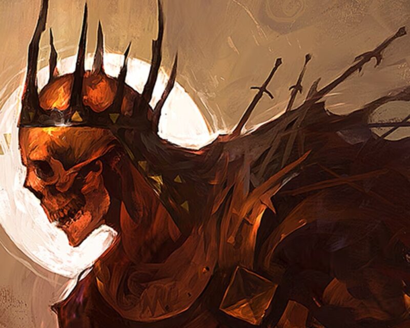 Tainted Grail: The Fall of Avalon popularność, przerażająca postać, z czaszką zamiast twarzy, majestatyczna, kolory zachodu słońca, ciepłe