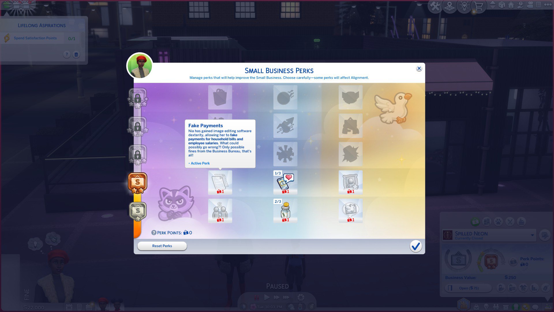 Zrzut ekranu z gry The Sims 4. Widać na nim drzewko rozwoju biznesu. Jest podzielone na trzy kolumny. Lewa kolumna jest fioletowa, w lewym dolnym rogu jest narysowany szop o cwaniackim wyrazie twarzy. Środkowa kolumna jest błękitna. Prawa kolumna jest złota - w prawym górnym rogu widnieje gołąbek. Każda kolumna ma pięć bonusów, niektóre z nich są już odblokowane, inne są wyszarzone.