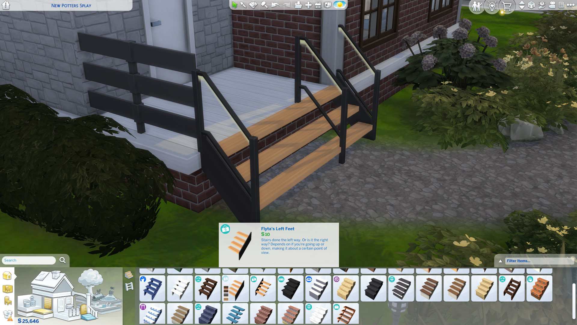 Zrzut ekranu z gry The Sims 4: Dochodowe hobby. Widać na nim schody oddzielone barierką, która przebiega przez sam ich środek. 