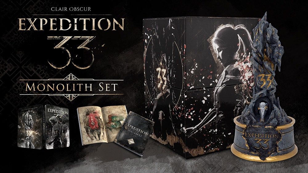 Ten obraz przedstawia zestaw kolekcjonerski zatytułowany "Clair Obscur: Expedition 33 - Monolith Set".
Na pierwszym planie po lewej stronie widoczne jest logo gry "Clair Obscur Expedition 33" z podtytułem "Monolith Set". Poniżej znajdują się trzy książki lub broszury. Dwie z nich, po lewej, mają ciemne okładki z grafikami w stylu fantasy, a trzecia, po prawej, to "Expedition Journal" z jaśniejszą, zniszczoną okładką i otwartymi stronami z ilustracjami. Obok nich leży otwarta książka lub dziennik z dwoma stronami przedstawiającymi szkice lub rysunki potworów/stworzeń.
Po prawej stronie obrazu dominuje duża, prostokątna skrzynia lub pudełko kolekcjonerskie, na której widnieje grafika przedstawiająca kobiecą postać w profilu, otoczoną rozsypanymi płatkami lub elementami graficznymi. Pudełko ma ciemne tło z marmurkowym lub teksturowanym wzorem.
Obok pudełka, po jego prawej stronie, znajduje się okazała figurka lub statuetka. Przedstawia ona ciemny, skalisty monolit z rzeźbionymi detalami i wstawkami w kolorze złotym lub mosiężnym. U podstawy monolitu widnieje złota plakietka z napisem "Expedition 33". Całość spoczywa na okrągłej, złotej podstawie.
Tło obrazu jest ciemne i teksturowane, co podkreśla wyeksponowane elementy zestawu kolekcjonerskiego. Oświetlenie jest dramatyczne, z akcentami padającymi na detale przedmiotów.
Źródła