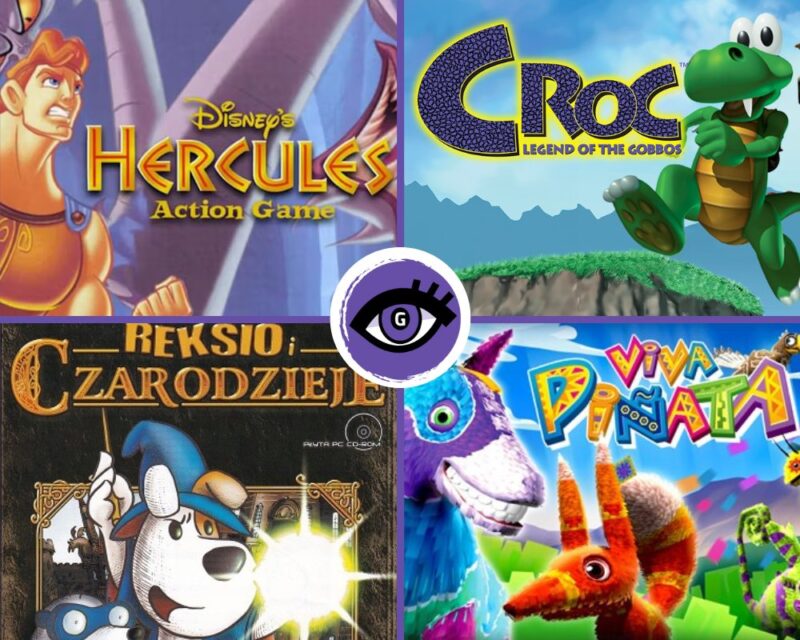 Kolaż czterech okładek klasycznych gier komputerowych: w lewym górnym rogu widoczna jest ilustracja z gry Disney's Hercules Action Game z postacią Herkulesa; w prawym górnym rogu okładka Croc: Legend of the Gobbos z zielonym krokodylem na tle gór; w lewym dolnym rogu gra Reksio i Czarodzieje z kreskówkowym psem w stroju czarodzieja; w prawym dolnym rogu kolorowa okładka Viva Piñata z postaciami przypominającymi zwierzęta wykonane z papieru. Na środku znajduje się fioletowa ikona oka z literą 'G' w środku. Kolaż jest do artykułu o grach z dzieciństwa, z okazji Dnia Dziecka.