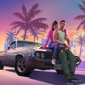 Ilustracja z gry Grand Theft Auto VI przedstawiająca dwie postacie – kobietę i mężczyznę – opierających się o klasyczny samochód typu muscle car. Mężczyzna trzyma broń, a w tle widać palmy i budynki w stylu art déco na tle zachodzącego słońca, stylizowanego na klimat Miami.