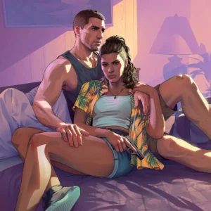 Na ilustracji w stylu realistycznego komiksu widać parę siedzącą na łóżku w przytulnym, ciepło oświetlonym pokoju. Mężczyzna siedzi oparty o zagłówek, ma na sobie ciemny podkoszulek i szorty. Jedną ręką obejmuje kobietę, drugą opiera na jej nodze. Kobieta siedzi przed nim, lekko oparta o jego tors. Ma na sobie jasny top, krótkie spodenki oraz rozpiętą, kolorową koszulę w tropikalny wzór. W dłoni trzyma pistolet, skierowany w dół. W tle widać lampę nocną i roślinę. To Jason i Lucia, główni bohaterowie GTA VI.