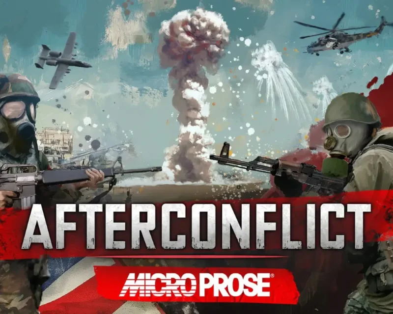Plakat Afterconflict wersja demo Steam z żołnierzami w maskach gazowych, eksplozją jądrową i helikopterami w tle.